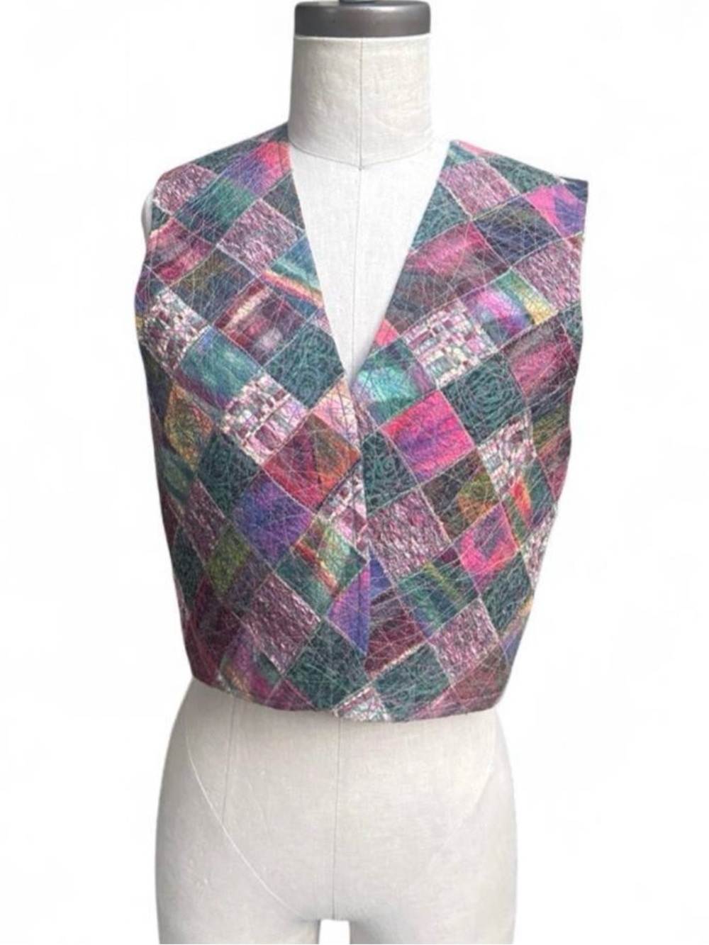 Patchwork Colorful Vest Pink Purple Teal painterly back reversible - green satin